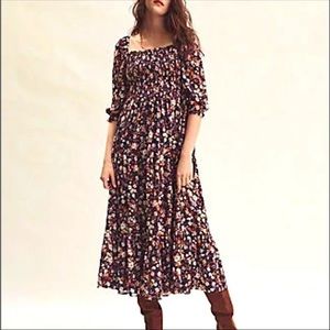 Ann Taylor SIZE 0 Smocked Floral Midi Dress with Puff Sleeves and Ruffles NWOT